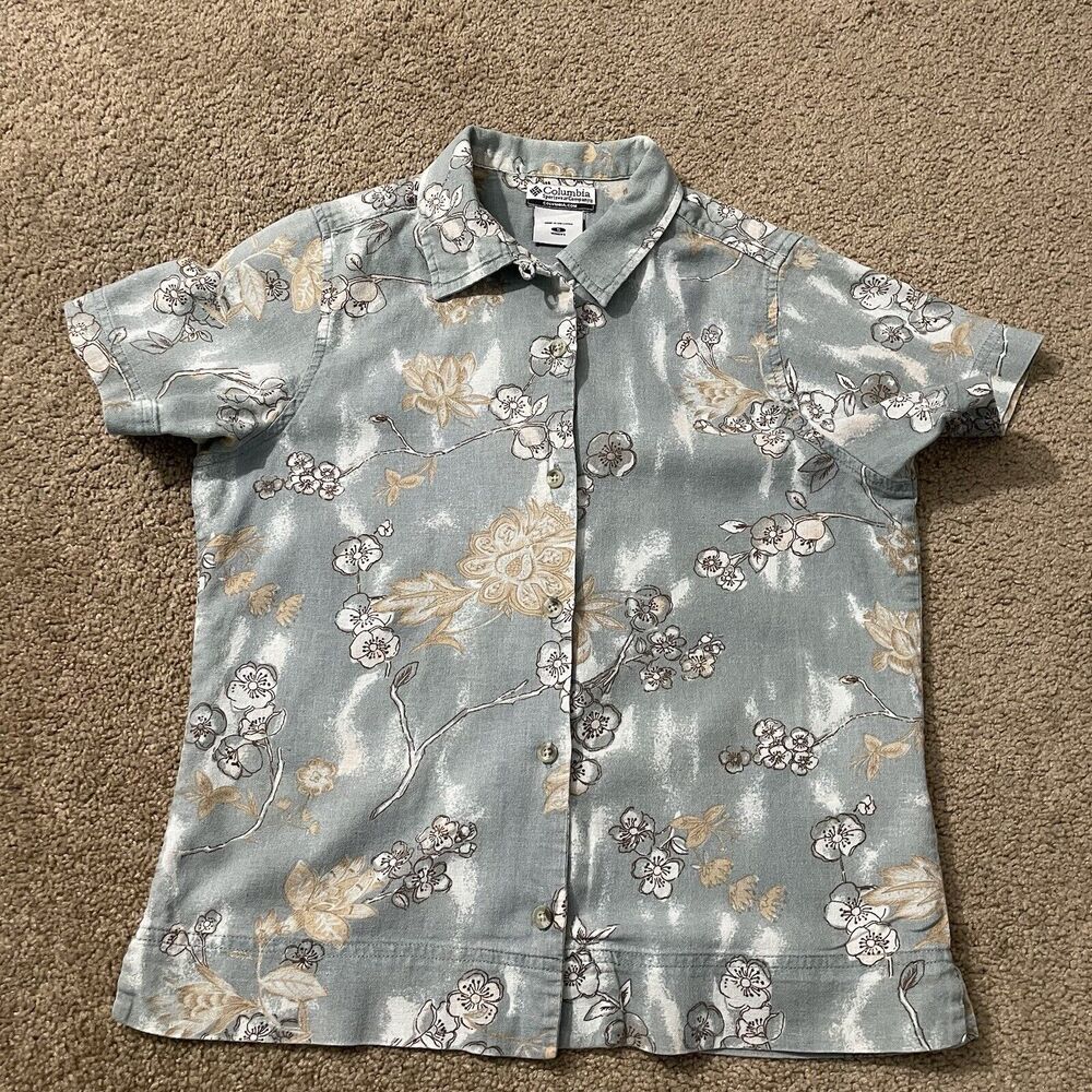 Vintage Columbia Shirt Womens Small Aqua Floral Linen Blend Hawaiian Button Up